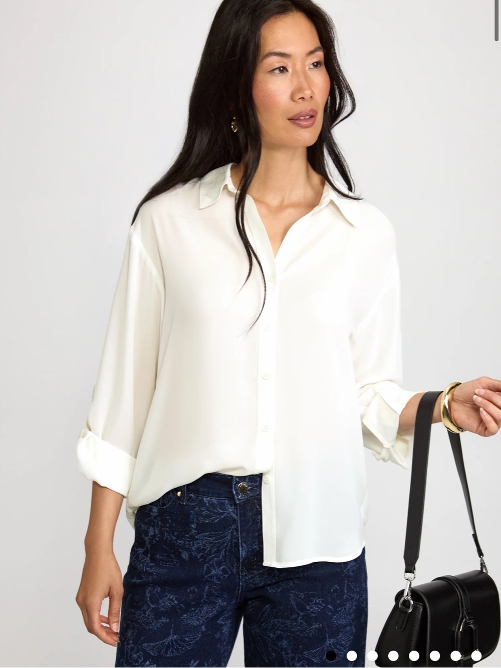 Laura Button-Down Blouse Ivory Roll Tab Sleeves